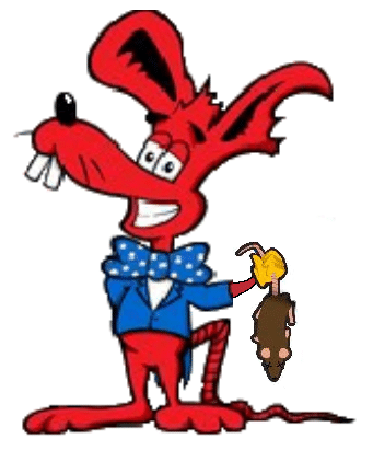 ARC rat with Rat https://losangelesratexterminator.com/pasadena-rat-control/logo of a red vector rat holding a brown rat by the tail, the red rat is hod at is wearing a blue jacket and a blue bow tie